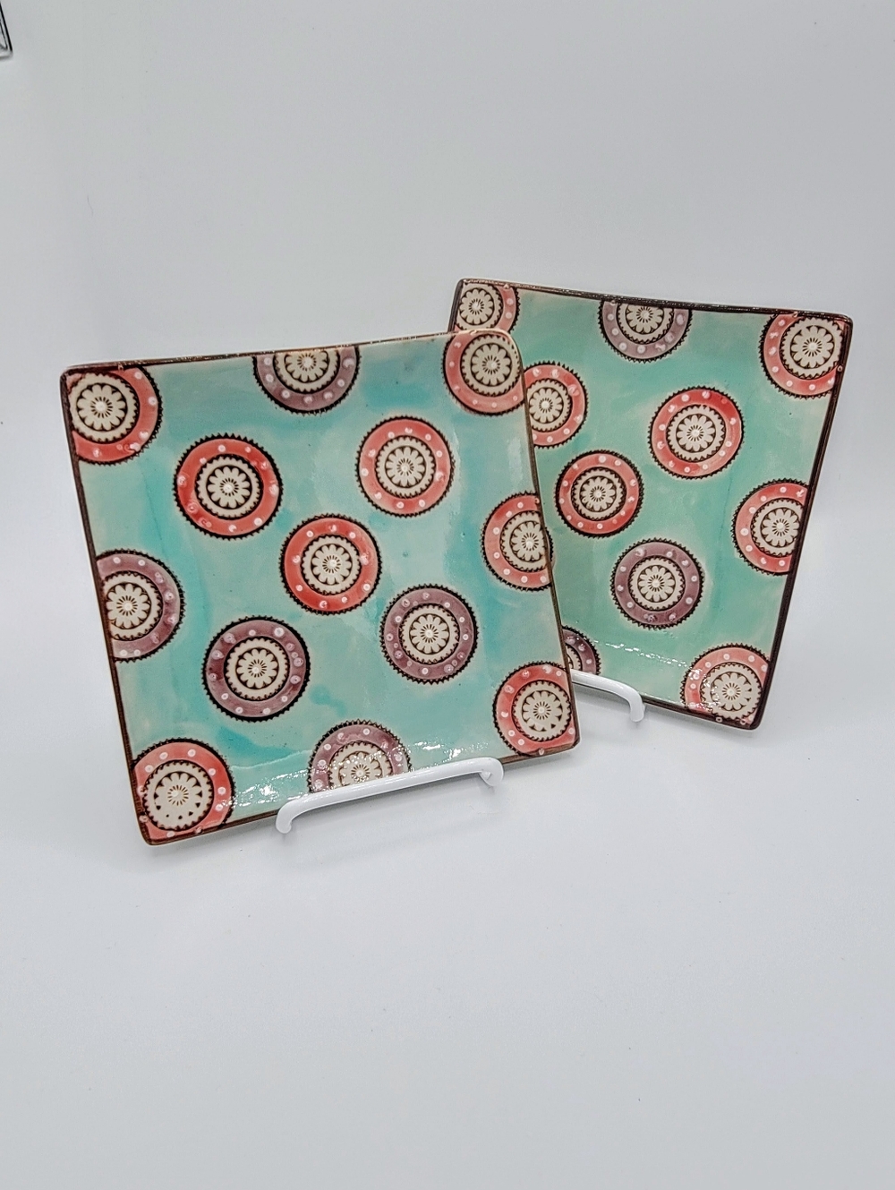 Couleur Nature 7" Square Plates Set 2 Aqua Coral Medallion Ceramic